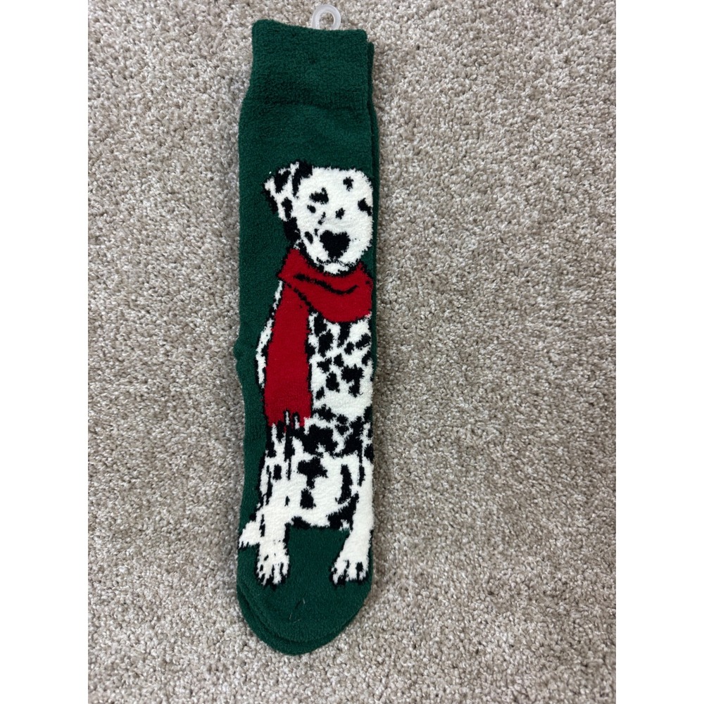 Green Fuzzy Dalmatian Dog Red Scarf Christmas Holiday Cozy Crew Socks